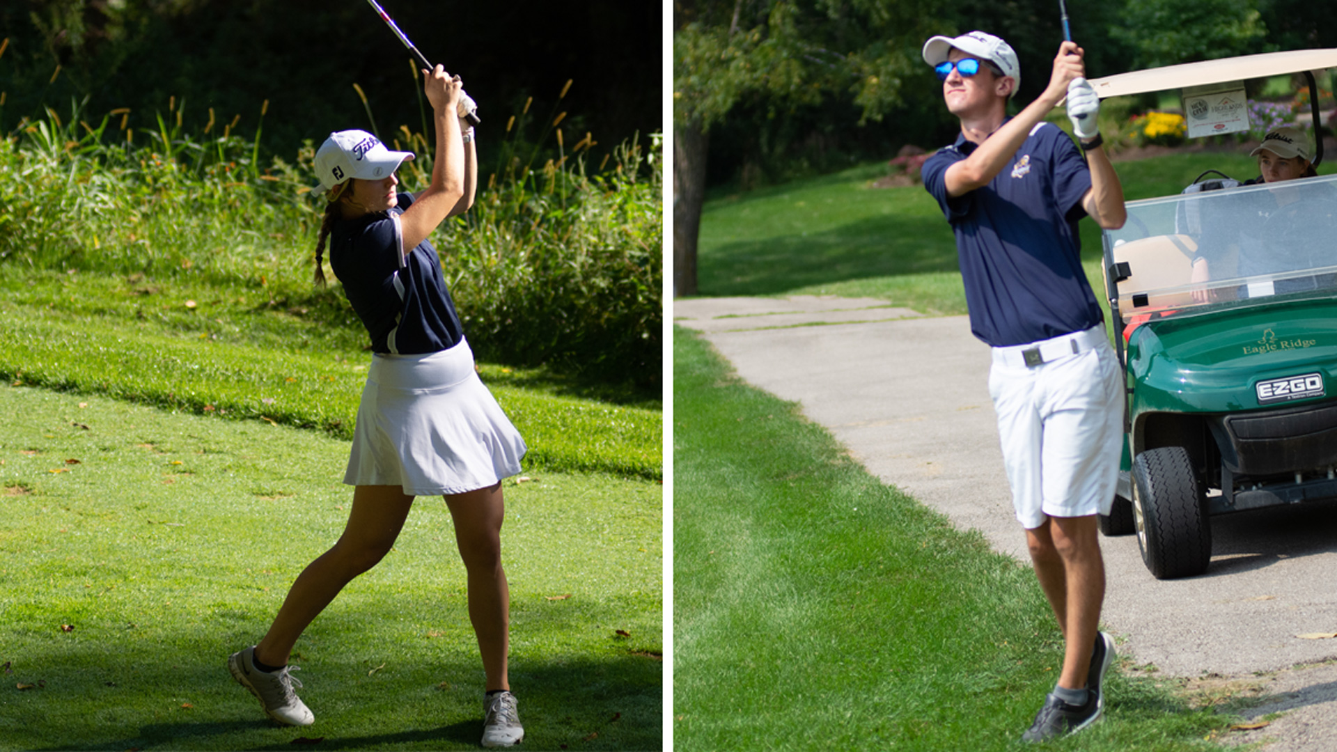 Clarke golf's Lilia Lindgren and Cade Salemi follow through on golf shots